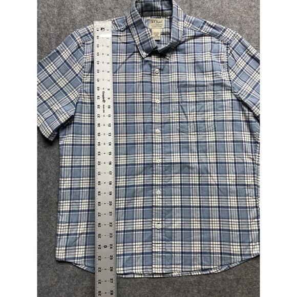 LL Bean Shirt Mens Medium Blue White Plaid Short Sleeve Button Down Stretch - Picture 4 of 12